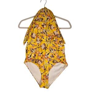 OndadeMar Swimwear One Piece Womens Sz M High Neck Halter Floral Yellow